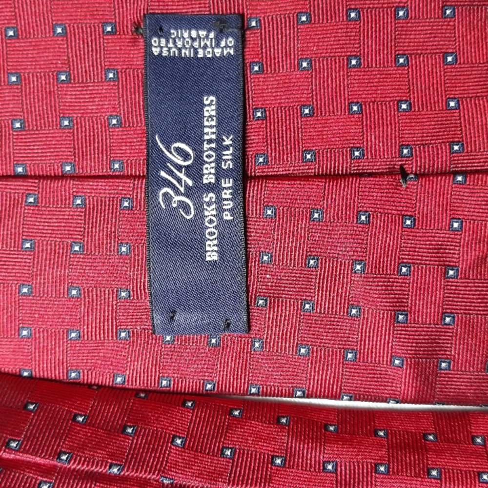 Brooks Brothers blue and white polka dots on red background silk tie